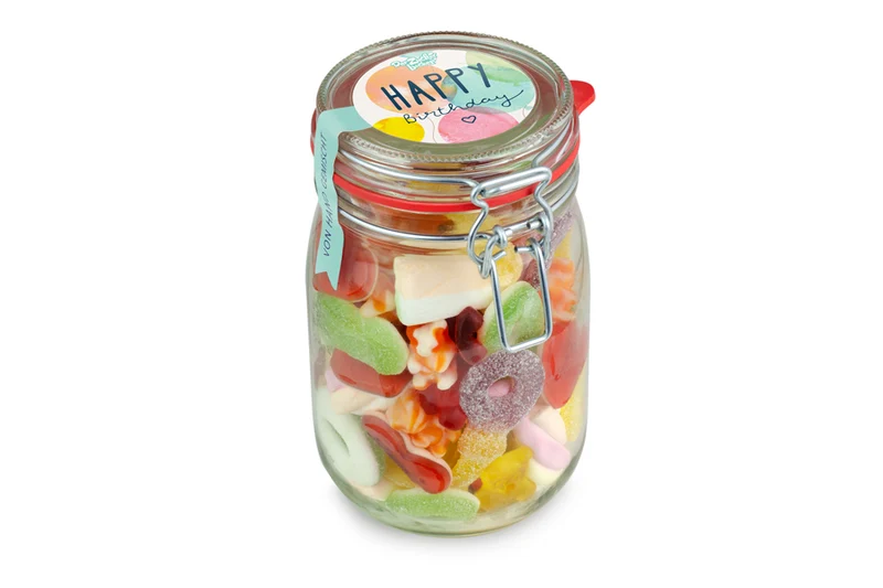 Fruchtgummi im Bügelglas – Happy Birthday