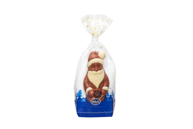 Schoko-Weihnachtsmann Peter, 100 g Edelvollmilch, dekoriert mit weißer und Zartbitterschokolade