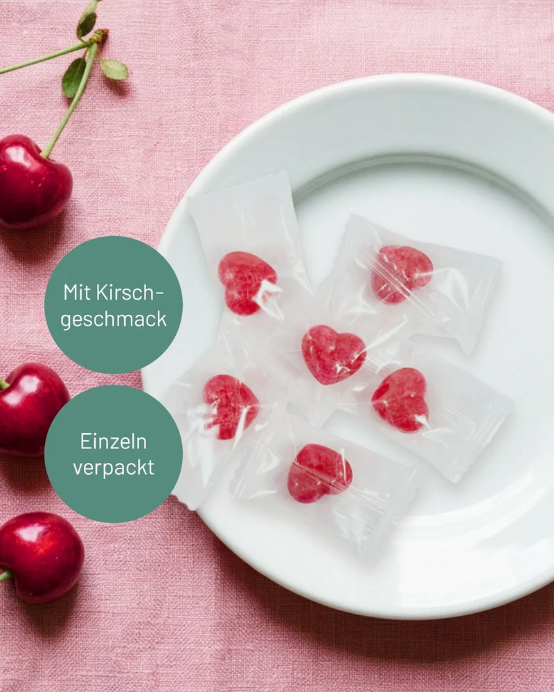Herzbonbons Kirsche, einzeln verpackt im Flowpack