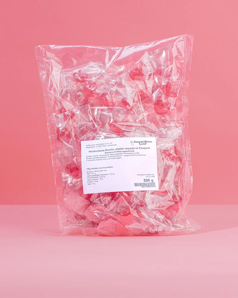 Herzbonbons Kirsche, einzeln verpackt im Flowpack