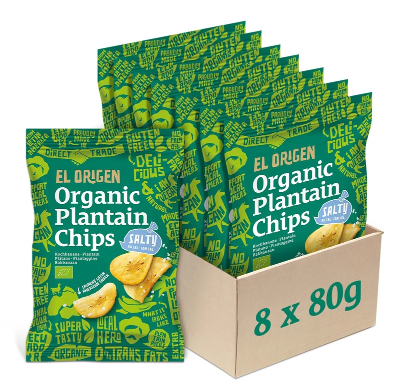 el Origen Kochbananen Chips mit Meersalz - Bio & Vegan, 8x80g