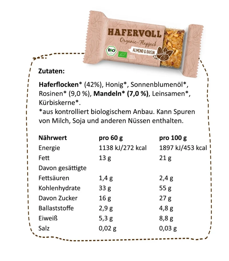 Hafervoll Almond & Raisin Flapjack - Bio & Palmölfrei, 18x60g