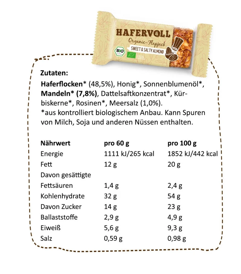 Hafervoll Sweet & Salty Almond Flapjack - Bio & Palmölfrei, 60 g