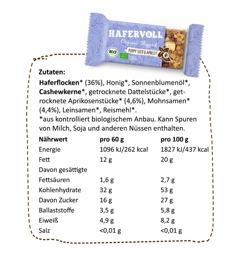 Hafervoll Poppy Seed & Apricot Flapjack - Bio & Palmölfrei, 18x60g