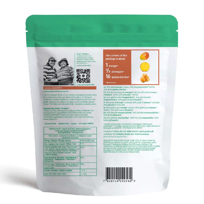 PAKKA BIO & FAIR Trockenfrüchte: Ananas, Mango, Physalis und Fruchtmix - 100g