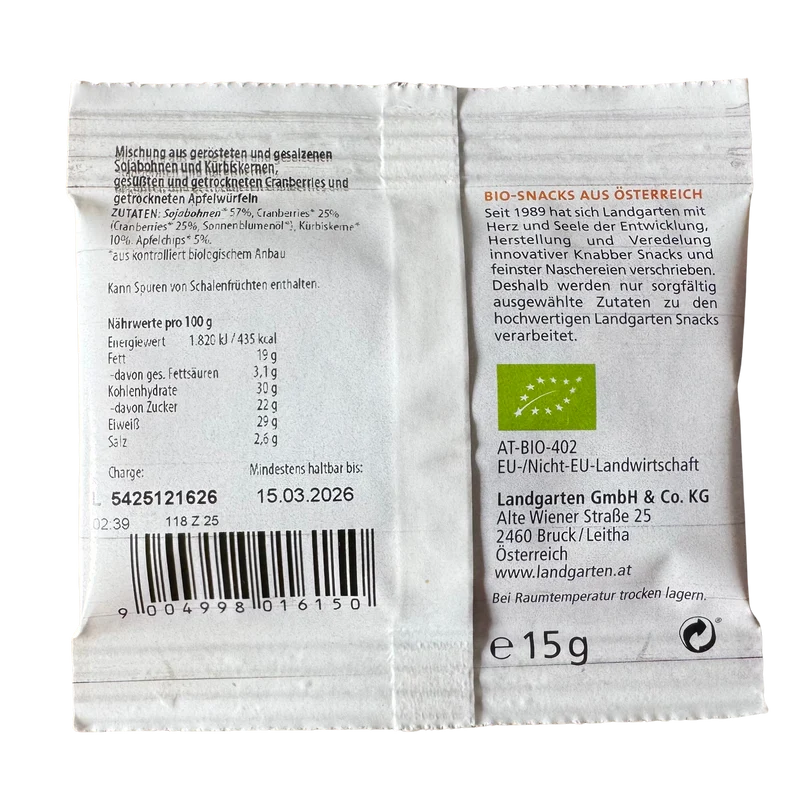 Landgarten Bio Müsli- oder Salattopping / Protein Snack Mix - Cranberry & Apfel, 15g
