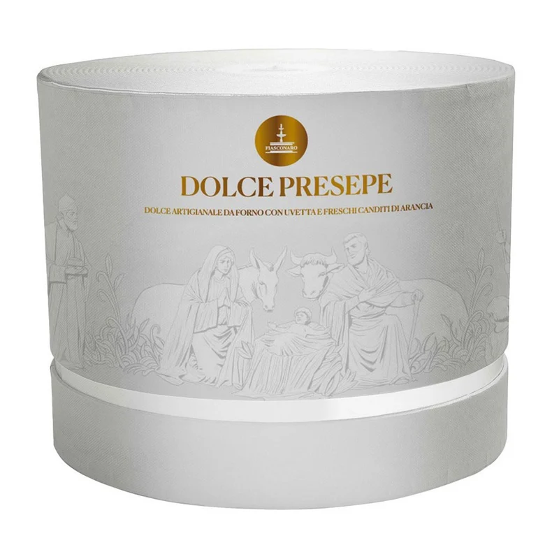 DOLCE PRESEPE: Frische Panettone Gechmück mit einer Krippe mit Figuren aus weißer Schokolade.