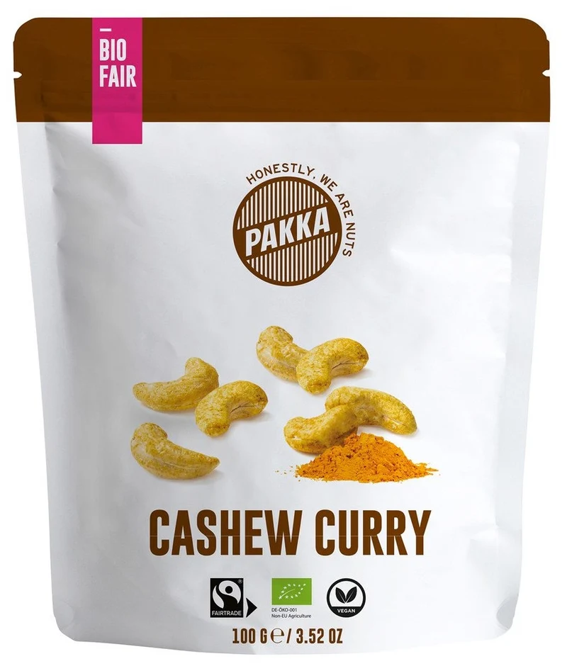 PAKKA BIO Gewürzte Cashews mit Curry Madras, Salz und Malabar Pfeffer - 100g