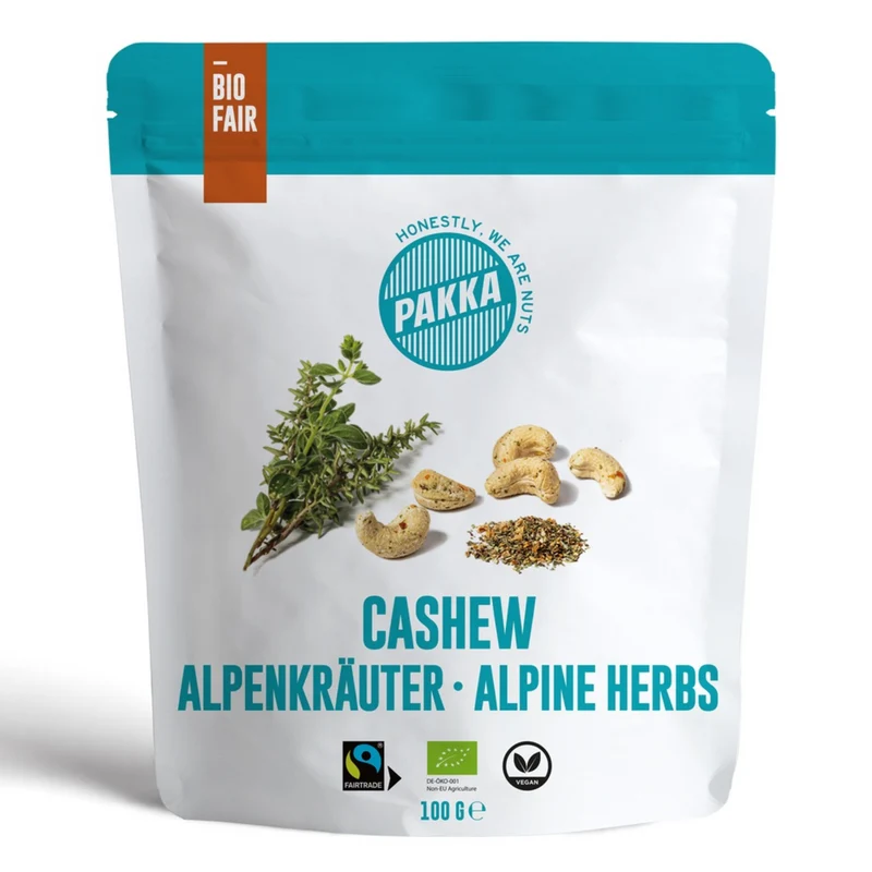 PAKKA BIO Gewürzte Cashews mit Curry Madras, Salz und Malabar Pfeffer - 100g