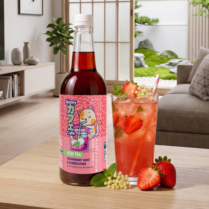 Skinny Caffe Jordbær, Mint & Hyldeblomst Smag Nul Sukker Iced Tea Sirup - 1 liter