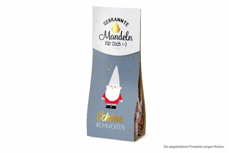 Köstliche gebrannte Mandeln in niedlicher Verpackung mit Weihnachtswichtel