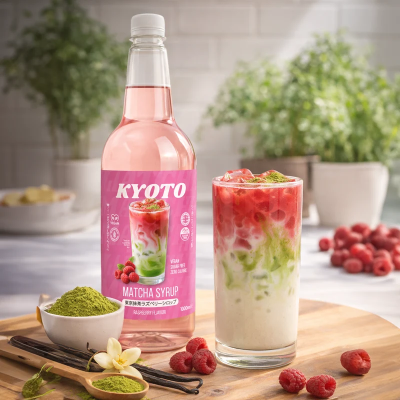 Kyoto Hindbær Matcha Sirup - Lavkalorie Sukkerfri - 1 Liter