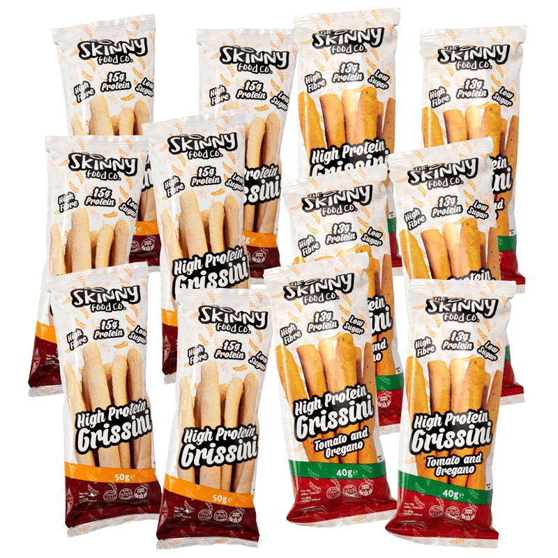 (Udsalg, sidste bedst før, 26. april) Skinny High Protein Grissini Collection (6 af hver smag)
