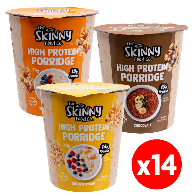 Tynde, proteinrige grødbøtter 14 x 70 g - 14 g protein (3 smagsvarianter at vælge imellem)