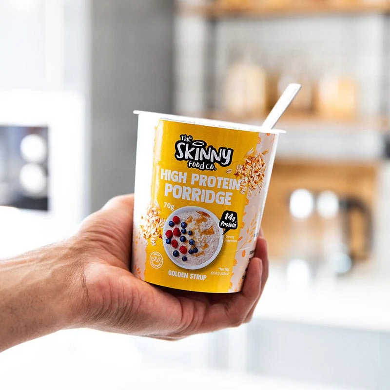 Tynde, proteinrige grødbøtter 14 x 70 g - 14 g protein (3 smagsvarianter at vælge imellem)