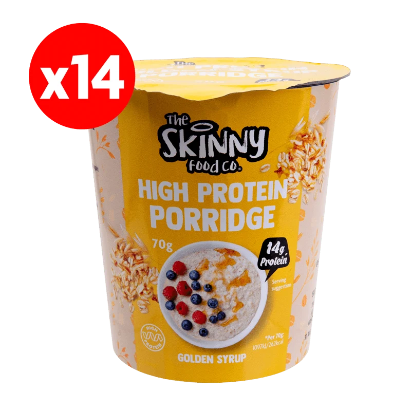 Tynde, proteinrige grødbøtter 14 x 70 g - 14 g protein (3 smagsvarianter at vælge imellem)