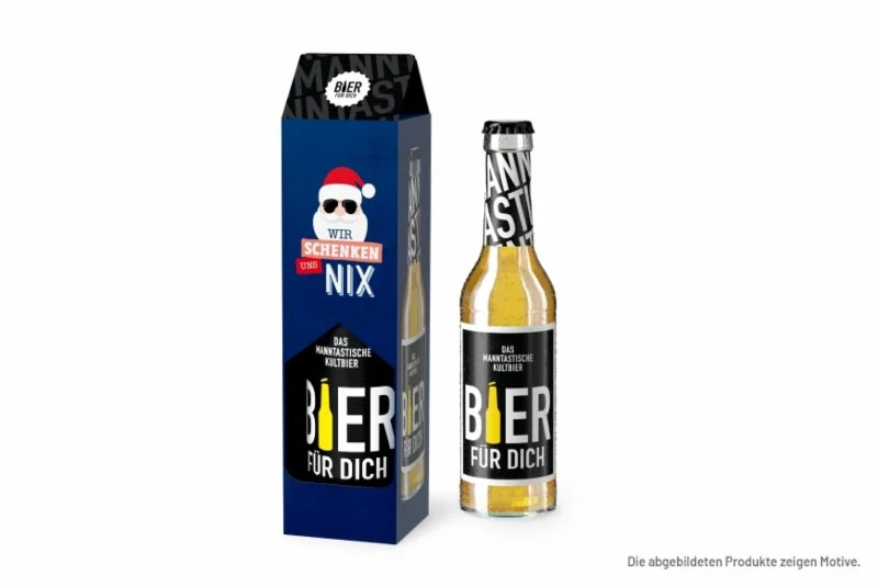 Wunderbares Weihnachts-Bier mit dem Titel "Wir schenken uns nichts" in witziger Verpackung