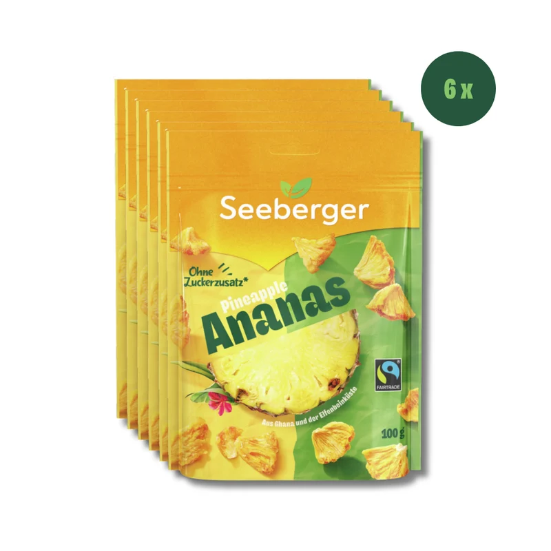 Seeberger getrocknete Ananas ungezuckert Multipack – 6 × 100 g natürlich süßer Fruchtgenuss, Fairtrade aus Ghana