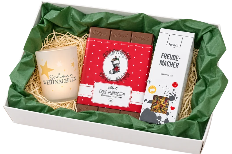 ✨ Geschenkbox „Freudemacher“ – liebevolle Box zu Weihnachten mit Teelicht, Schokolade und Tee