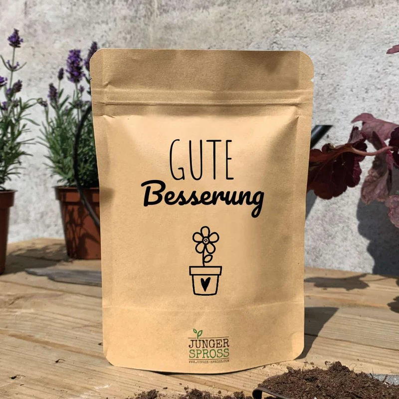 Botschaftsbeutel "Gute Besserung" mit Sonnenblume zum Selberzüchten