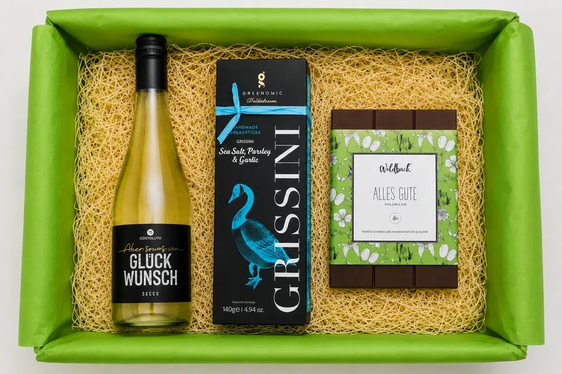 Glückwunsch-Geschenkbox "Alles Gute" mit Prosecco, Schokolade, Grissini - stilvoll schenken
