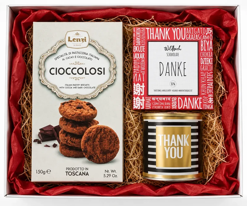Geschenkbox Danke für Deinen Einsatz mit Kuchen, Schokolade, Keksen und Trüffeln