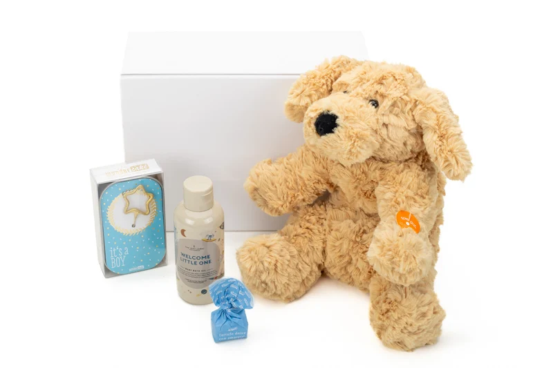 Geschenkbox Welcome Baby Boy – zur Geburt mit Kuscheltier, Badeöl & süßen Grüßen