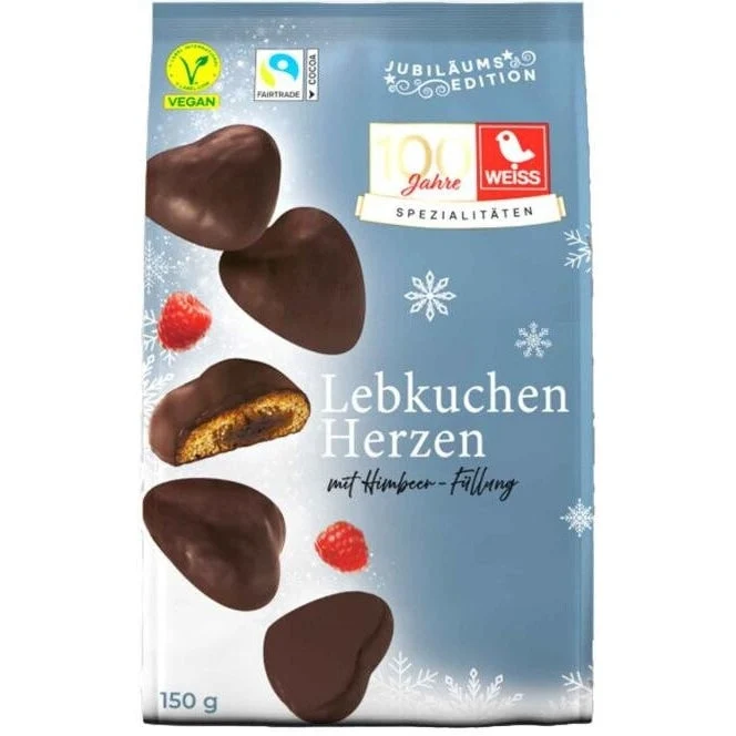Weiss Gefüllte Lebkuchen-Herzen Zartbitter Himbeere 150 g