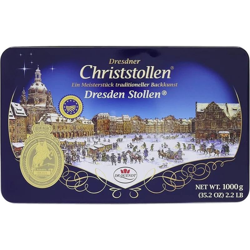 Dr. Quendt Dresdner Christstollen Dose 1kg - Saftiger Christstollen für festliche Anlässe in großzügiger Verpackung
