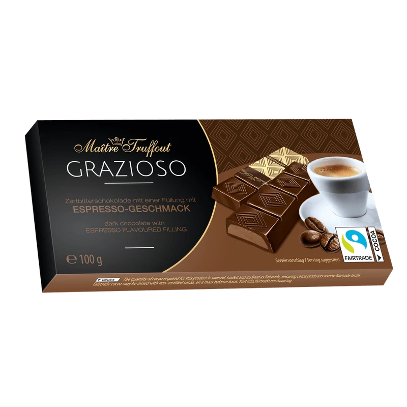 Maitre Truffout Grazioso Zartbitterschokolade mit Espressogeschmackfüllung