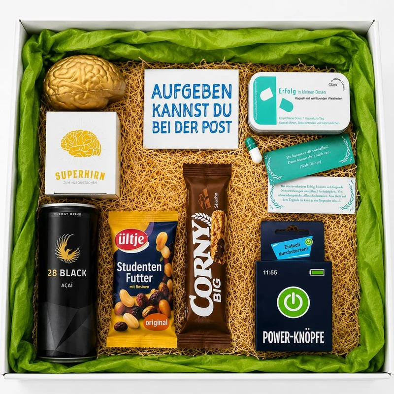 Geschenkbox „Superhirn“ für Prüfungen – Motivation, Energie & Humor für alle Prüflinge