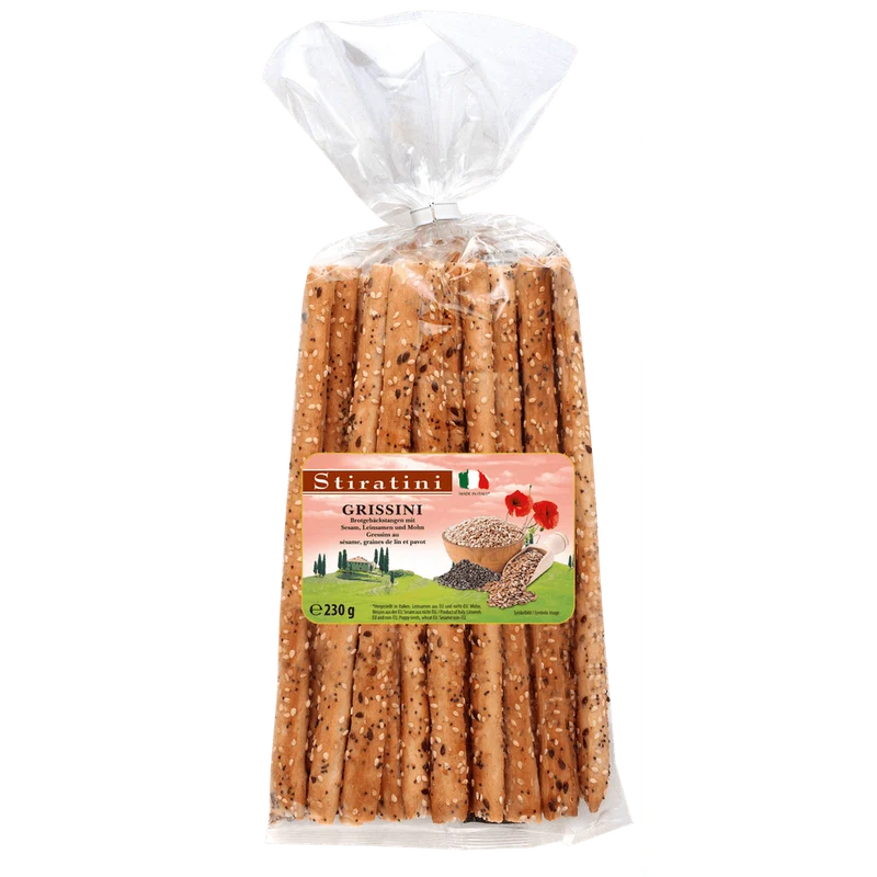 Stiratini Grissini Brotgebäckstangen mit Leinsamen, Sesam und Mohn 230g