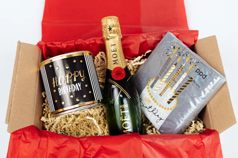Geburtstags-Geschenkbox mit Champagner & Kuchen
