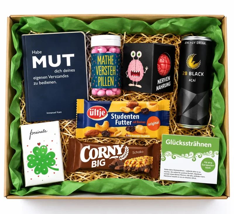 Prüfungs-Notfall-Box – das perfekte Geschenk zur Prüfung mit Glücksbringern & Nervennahrung