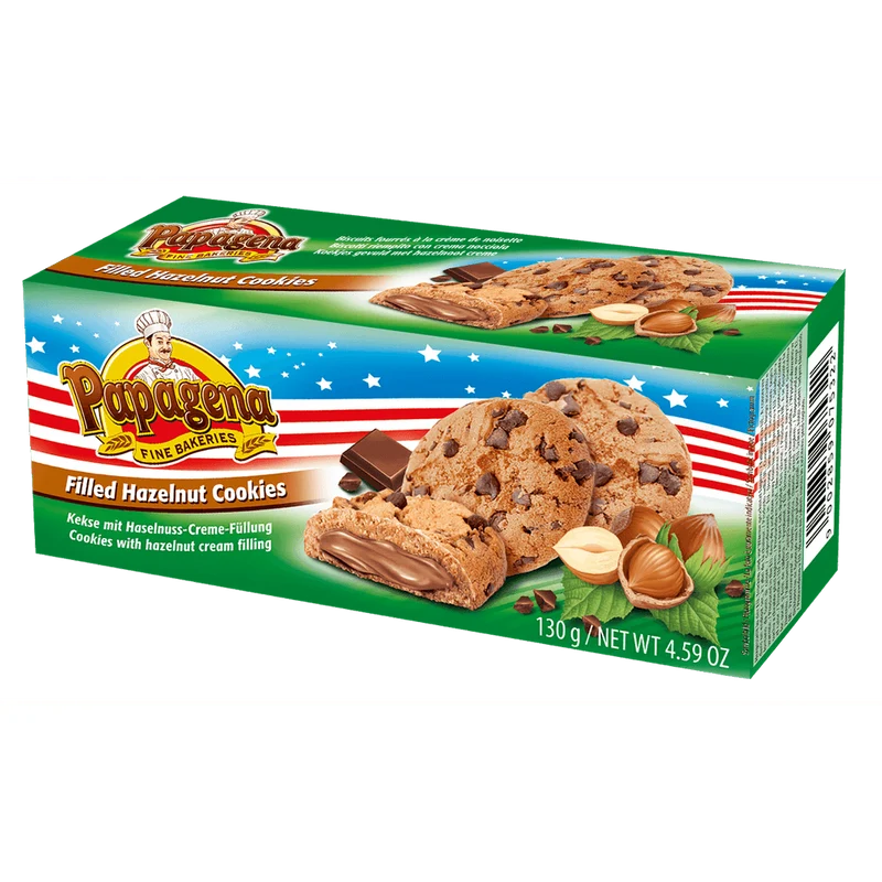 Papagena Choco Chip Cookies mit Haselnusscremefüllung 130g
