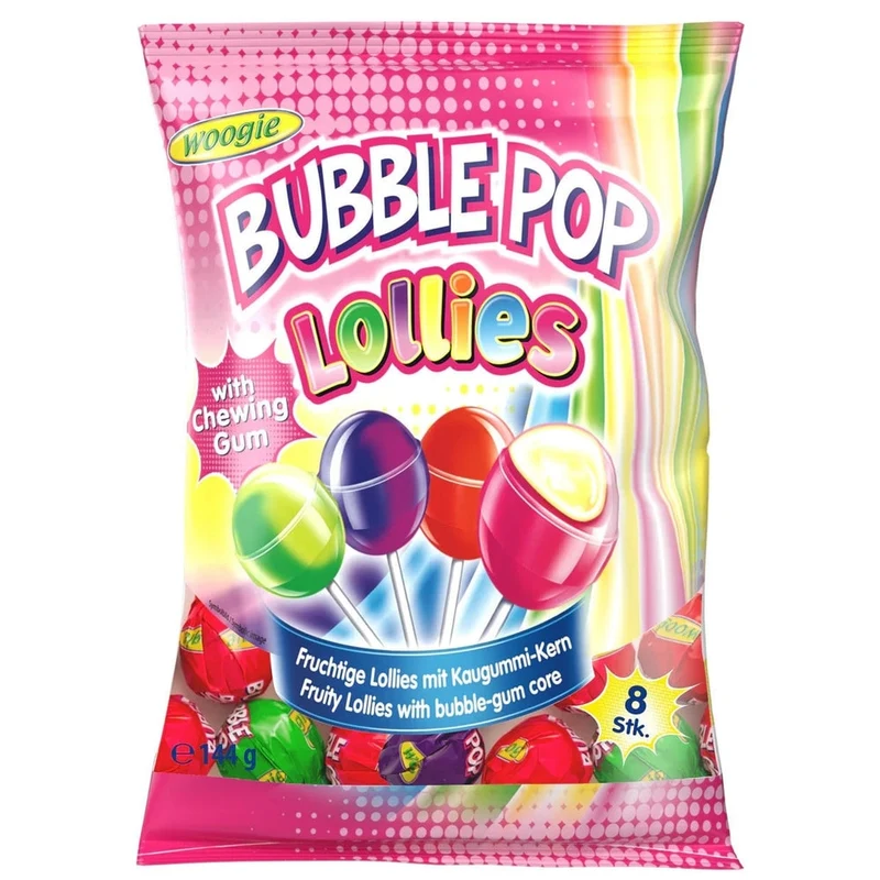 Woogie Bubble Pop Lollies Frucht Lutscher mit Kaugummi 144g