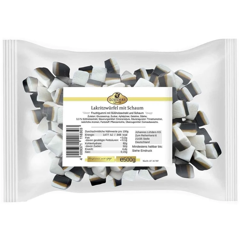 Lühders Lakritz Fruchtgummi Würfel Schaum 500g
