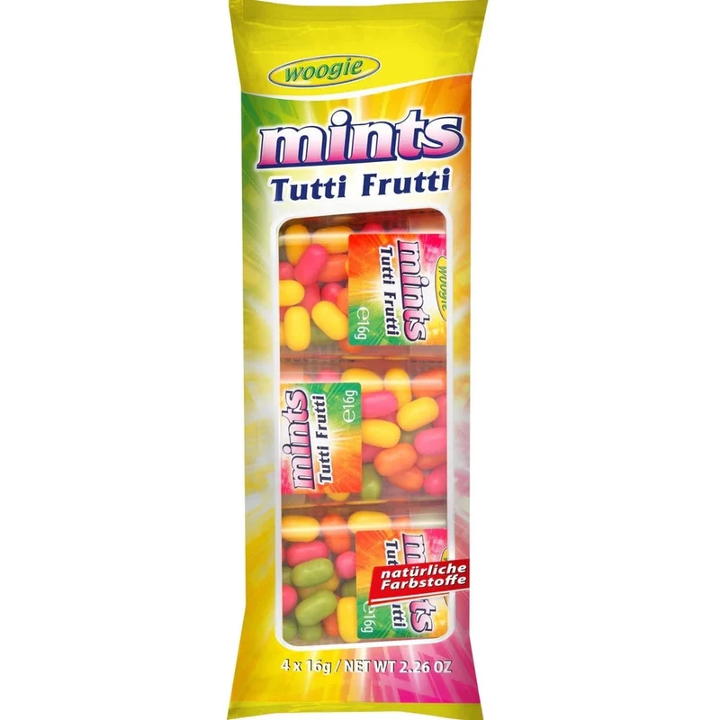 Woogie Mints Tutti Frutti Zuckerdragees Fruchtgeschmack 4x16g = 64g