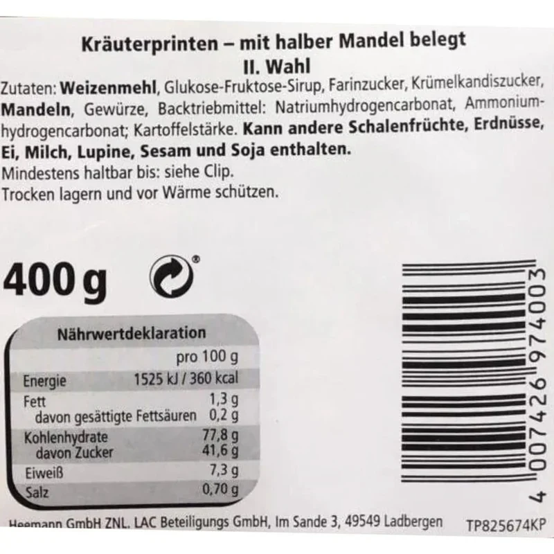 Lambertz Kräuter Printen 5 x 400g mit halber Mandel belegt 2 kg.