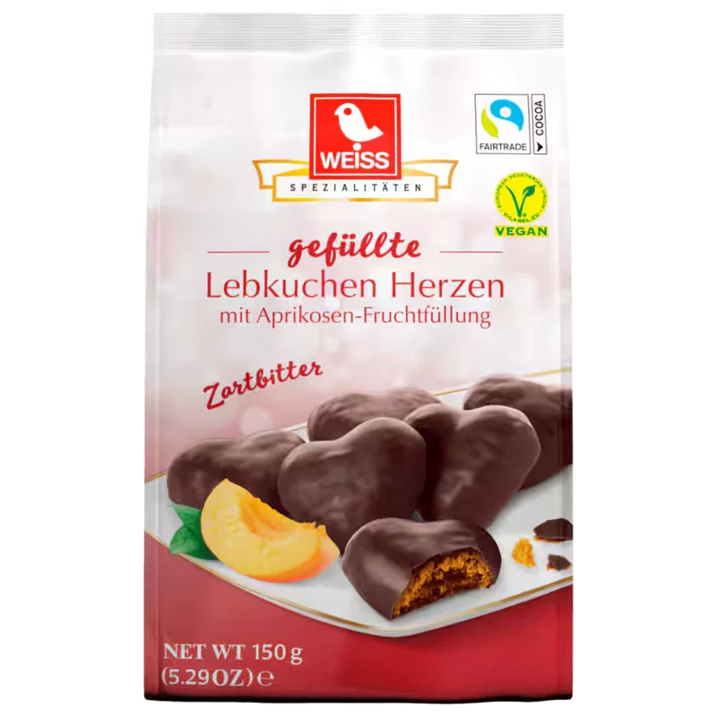 Weiss gefüllte Zartbitter Lebkuchen Herzen vegan 150g