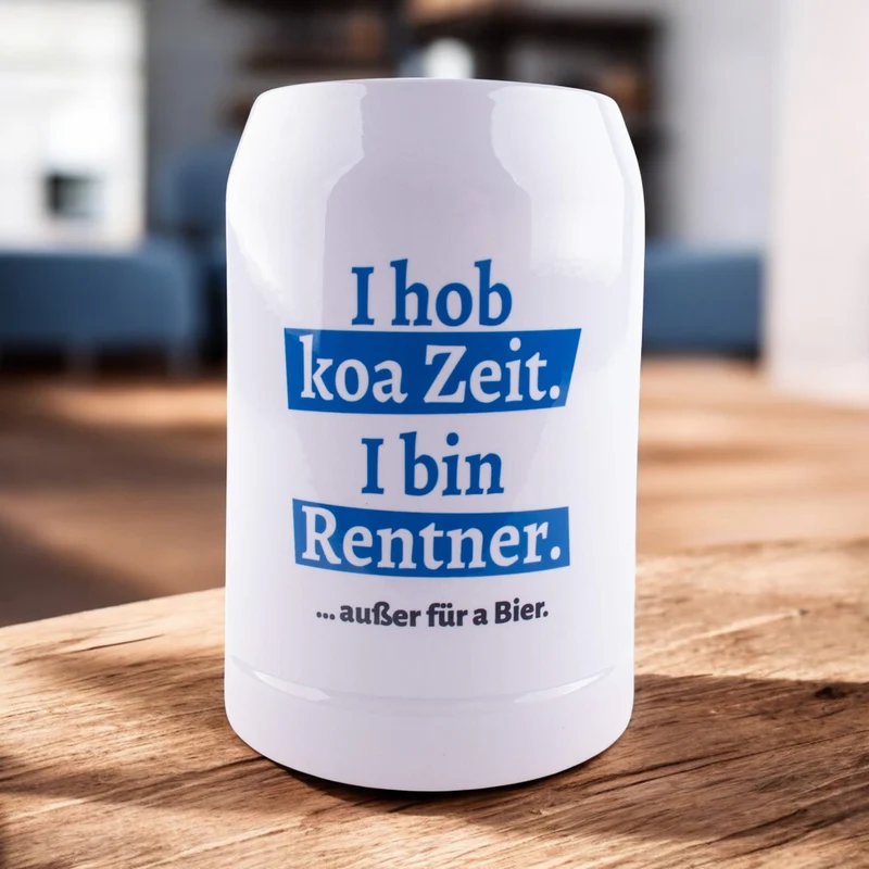 Bierkrug "I hob koa Zeit. I bin Rentner." blau