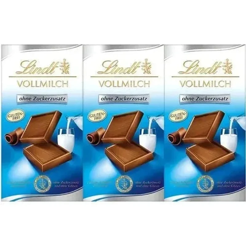 Lindt Feinste Vollmilch Chocolade ohne Zuckerfrei und Glutenfrei 3x 100g