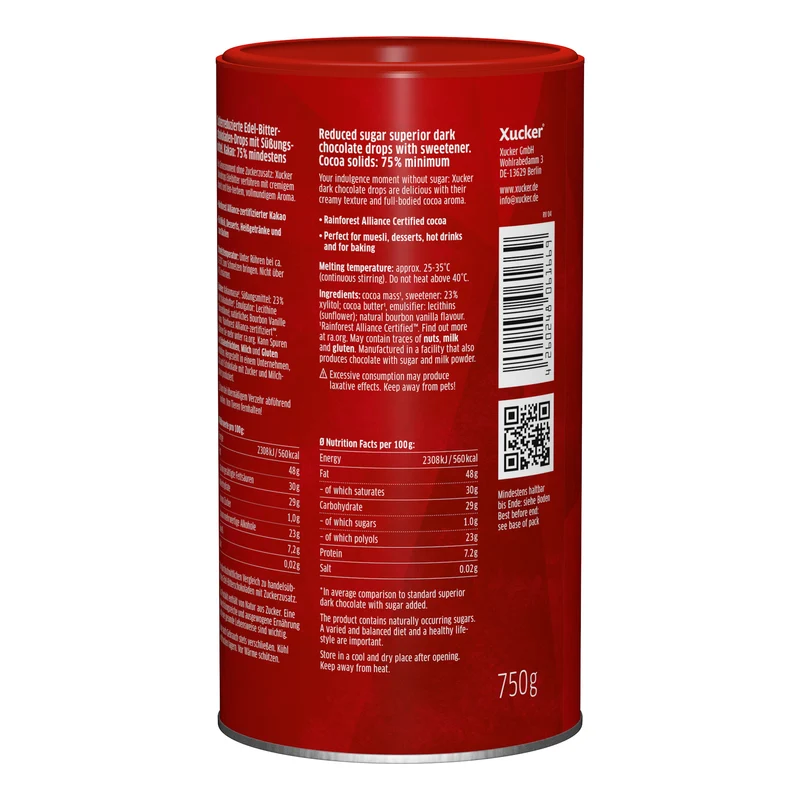 Vegane Schokodrops Edelbitter mit finnischem Xylit (750g)