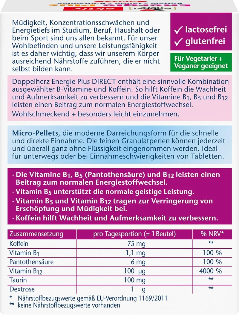 Energie Plus Koffein + Taurin + B-Vitamine Direct (20 Portionsbeutel)