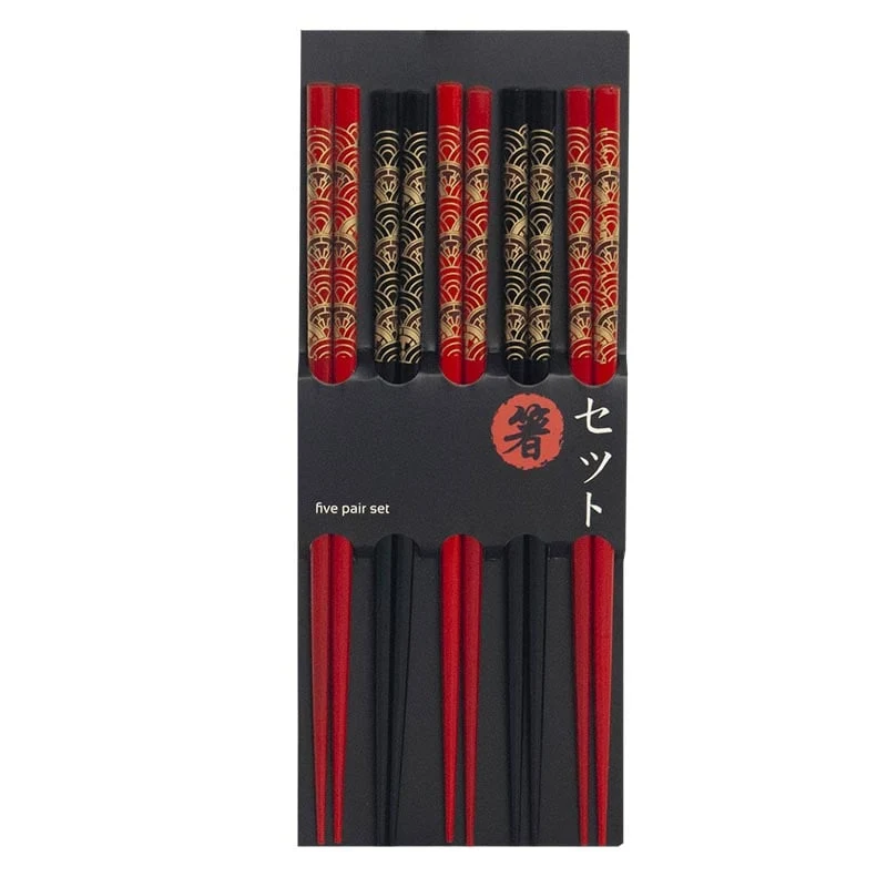 Essstäbchen mit japanischen Wellen in Schwarz & Rot, 5 Paare