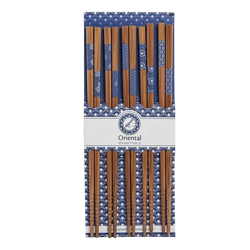 Essstäbchen aus dunklem Holz mit blauem Motiv, 5 Paare